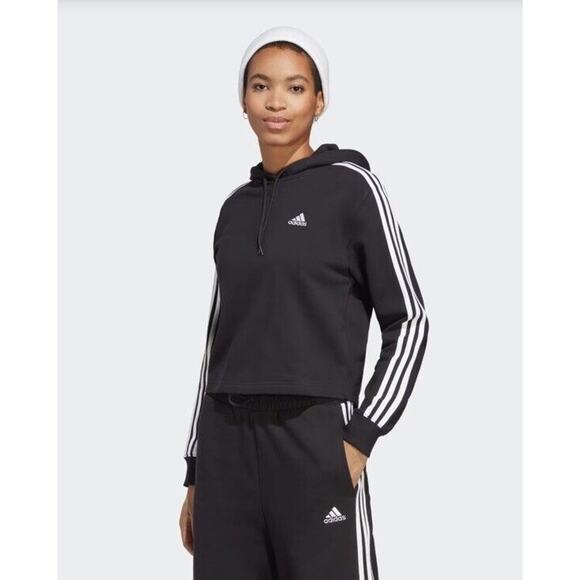 Adidas Essentials 3-Sripes French Terry Crop Hoodie - Womens Medium - Black EUC - Picture 1 of 10